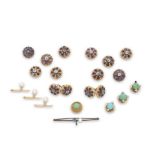 A gem-set dress set, two sets of dress studs, and a bar brooch (Qty)