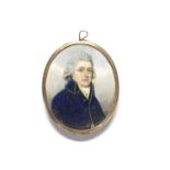 Nathaniel Plimer (British, 1751-1822) A portrait miniature of a gentleman, wearing a blue coat w...