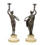 A pair of George III gilt and patinated bronze and marble 'Apollo and Diana' figural candlestick...