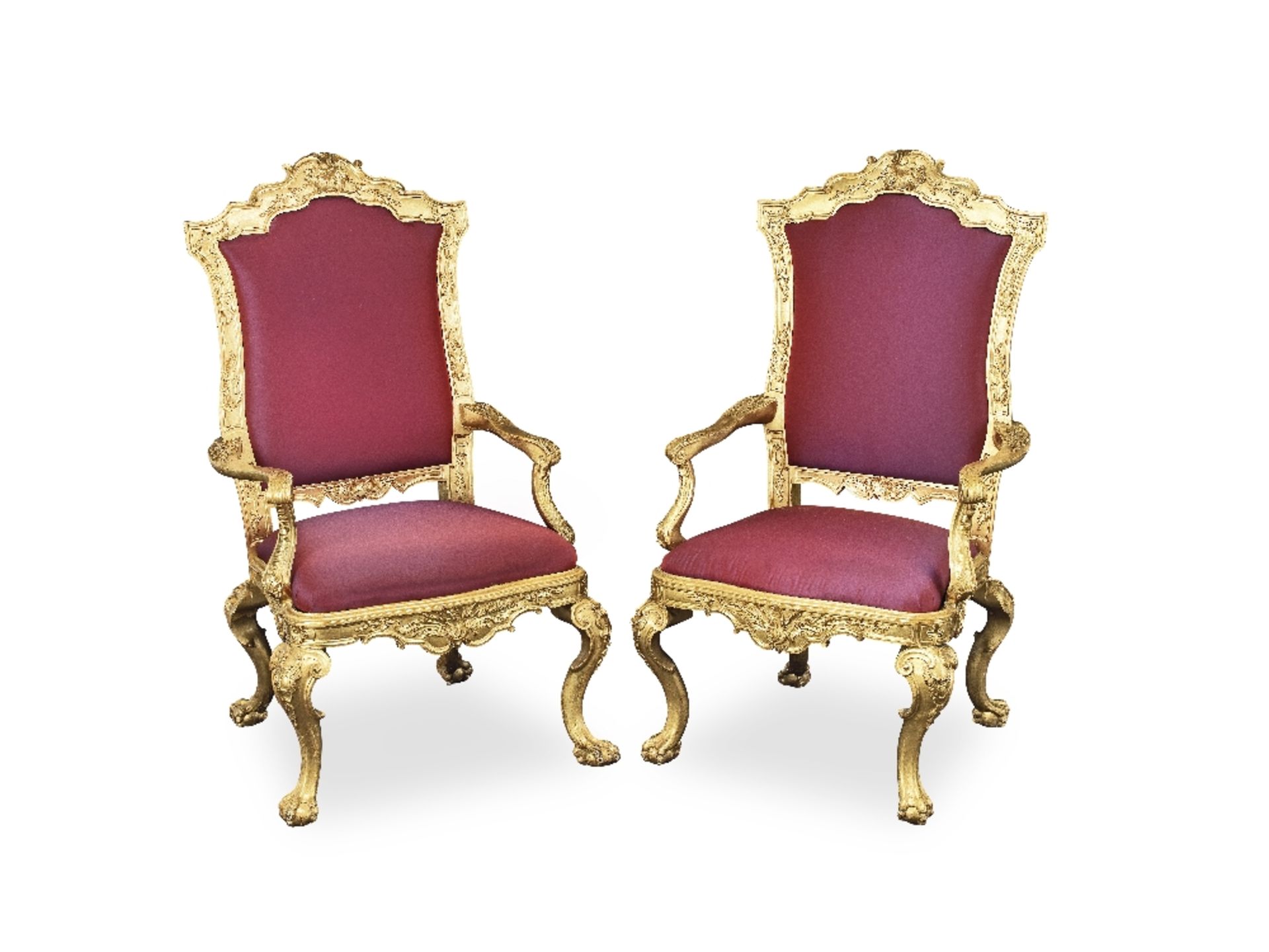 A pair of Italian mid or third quarter 18th century giltwood armchairs Probably Roman, 1740-1765...