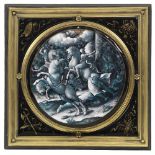 A Limoges grisaille and turquoise shaded enamel circular plaque depicting the Conversion of Paul...