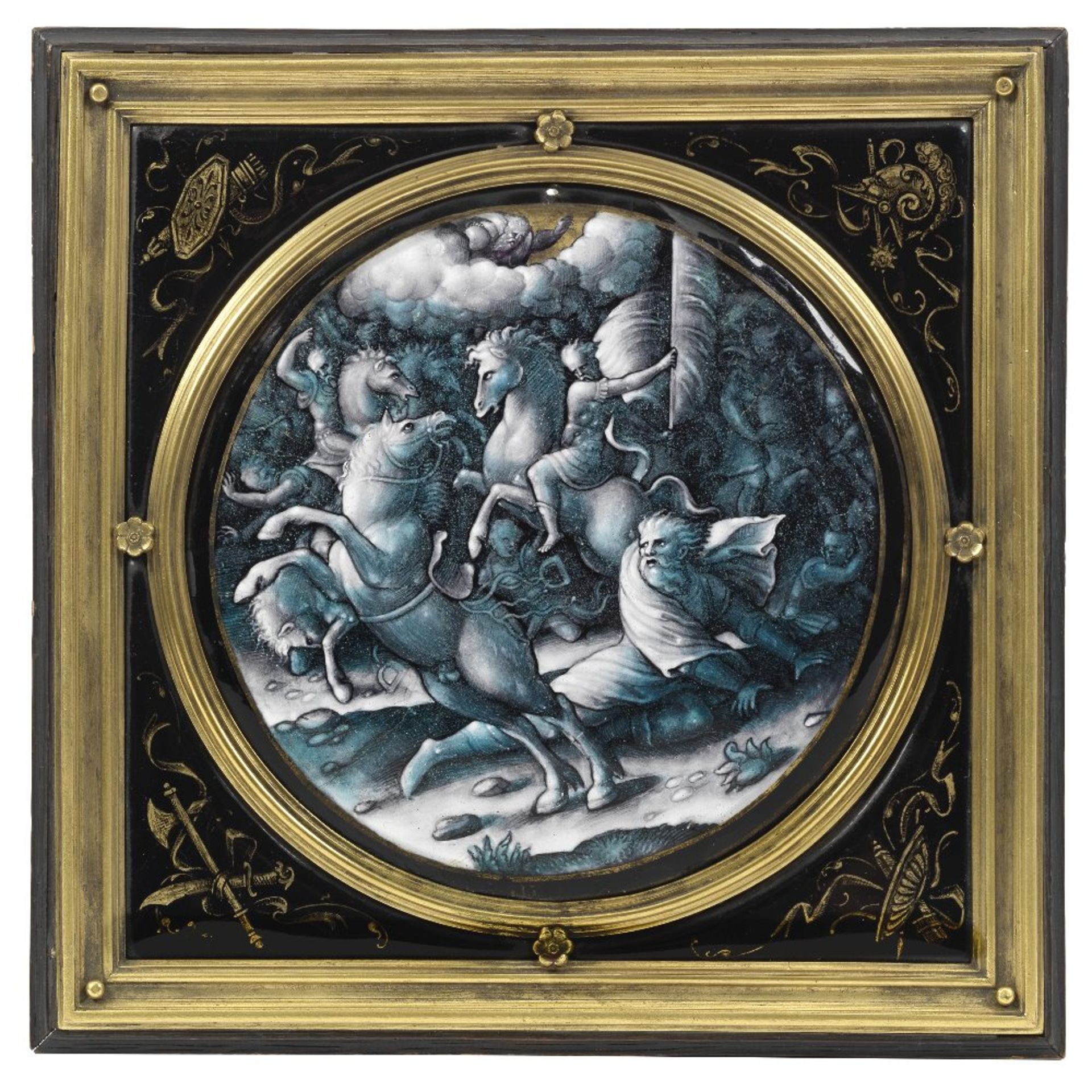 A Limoges grisaille and turquoise shaded enamel circular plaque depicting the Conversion of Paul...