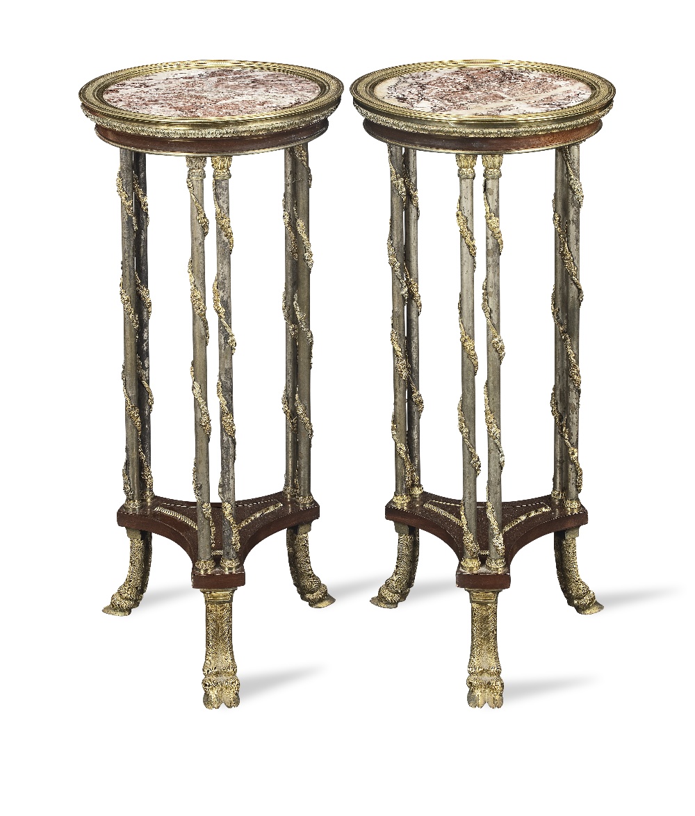 A pair of French late 19th/early 20th century ormolu mounted mahogany, marble and polished steel...