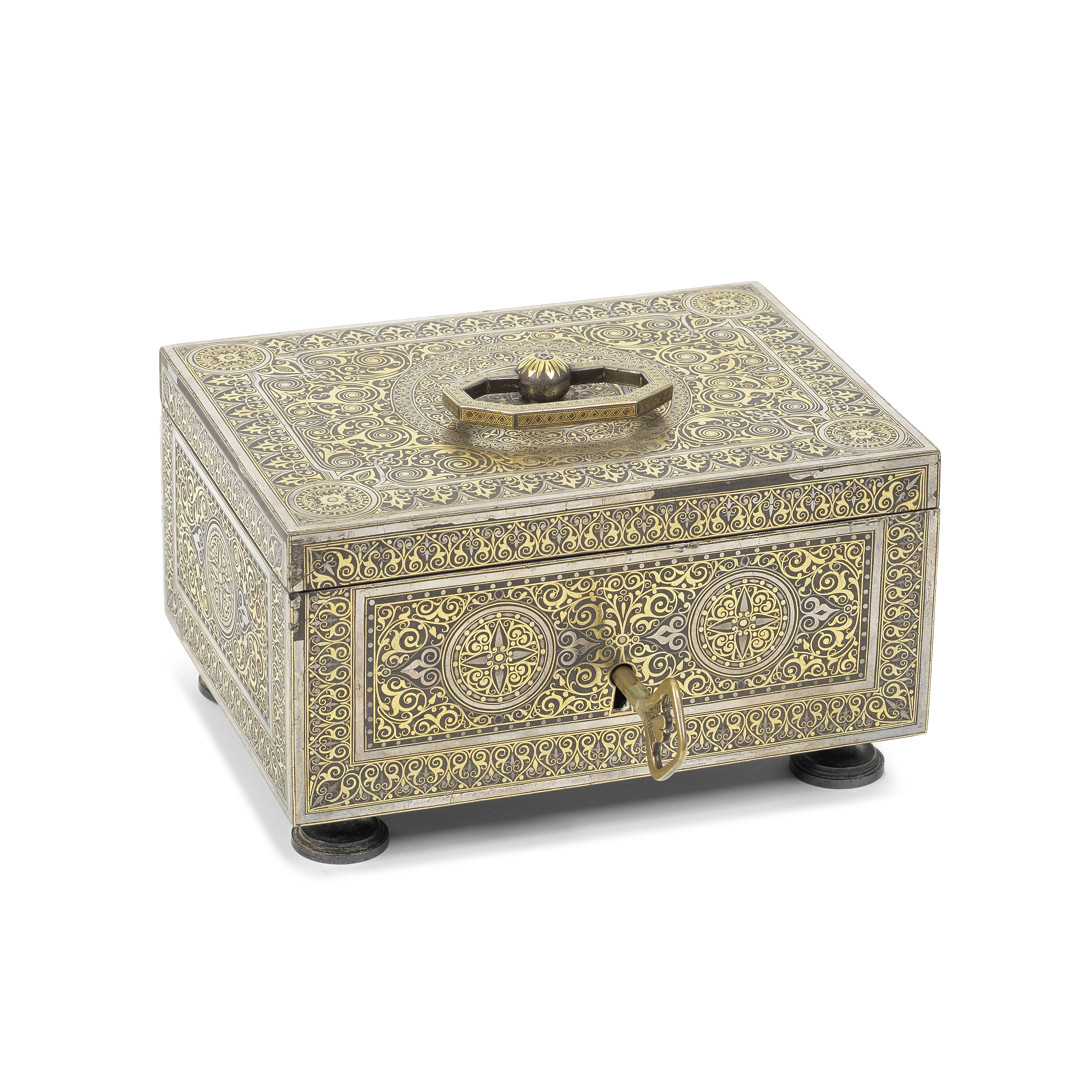 A late 19th century Toledo damascened casket In the manner of Placido Zuloaga (Spanish, 1834-1910)