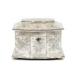 A good early Victorian finely inlaid mother-of-pearl and abalone and ivory banded tea caddy