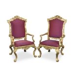 A pair of Italian mid or third quarter 18th century giltwood armchairs Probably Roman, 1745-1770...
