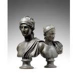 A pair of important late 18th/early 19th century Neoclassical bronze busts of Achilles and Roma