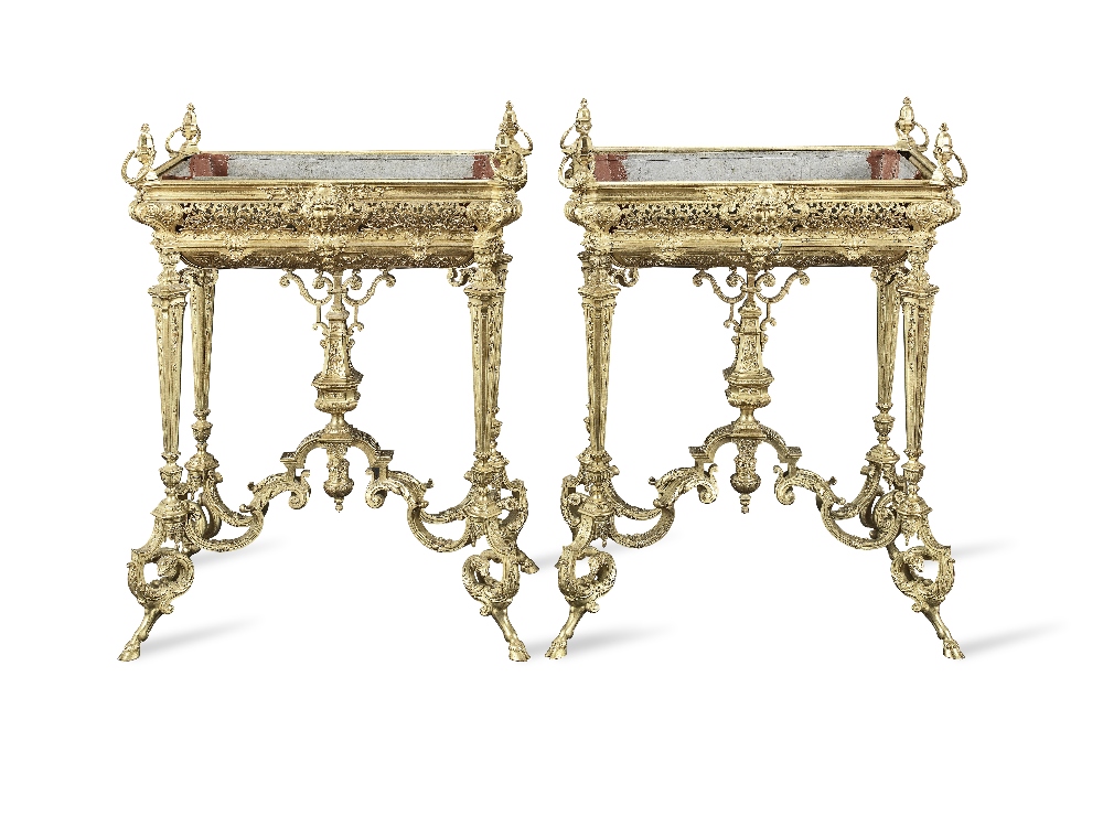 A pair of French late 19th century ormolu jardinieres in the Louis XIV style Circa 1880, in the ...