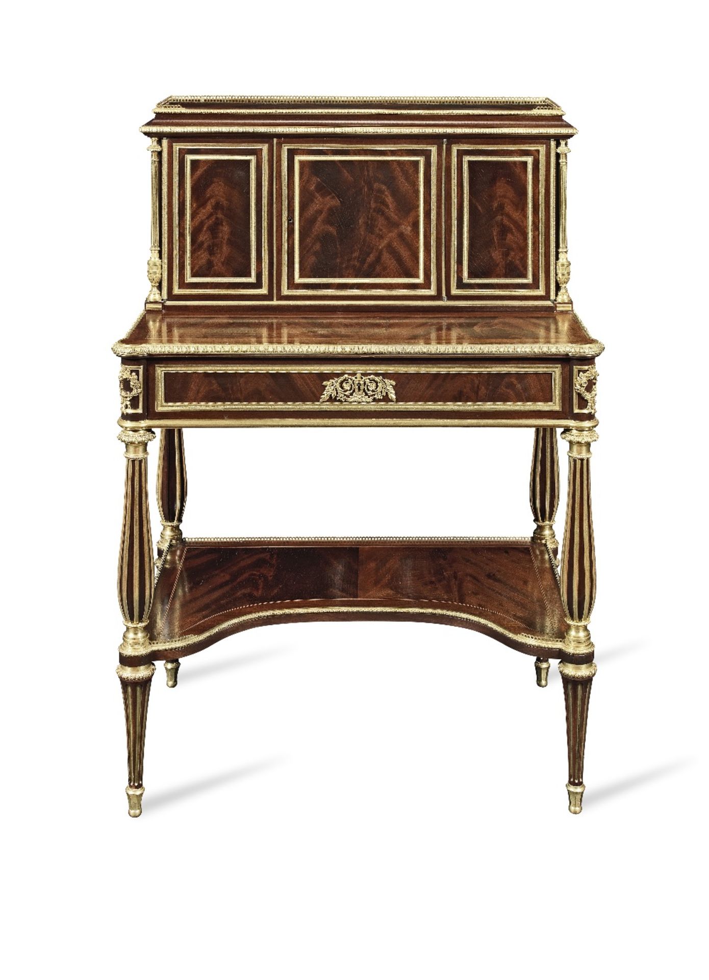 A French late 19th century ormolu mounted flame figured mahogany bonheur du jour in the Louis XV...