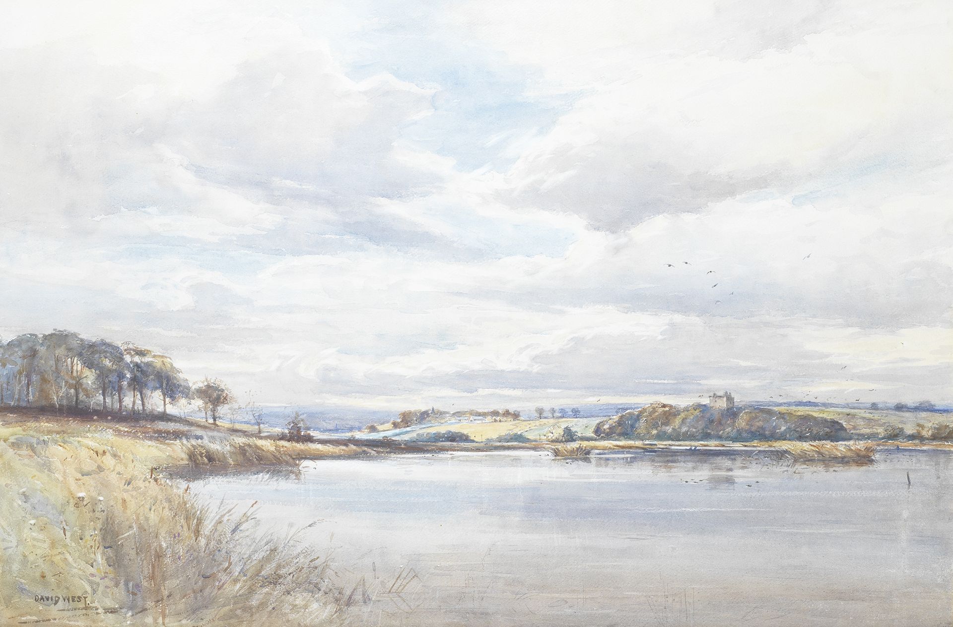 David West RSW (British, 1868-1936) A loch with castle beyond