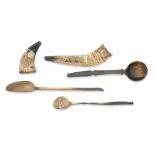 A collection of horn including a dated powder horn 18th/19th century (5)