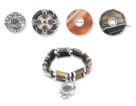 Four silver and hardstone brooches and a bracelet, Victorian