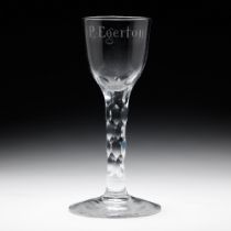 An engraved cycle club facet stem wine glass for Philip Egerton Circa 1770