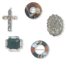 Five silver and hardstone brooches