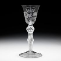 A rare engraved Jacobite airtwist wine glass circa 1750