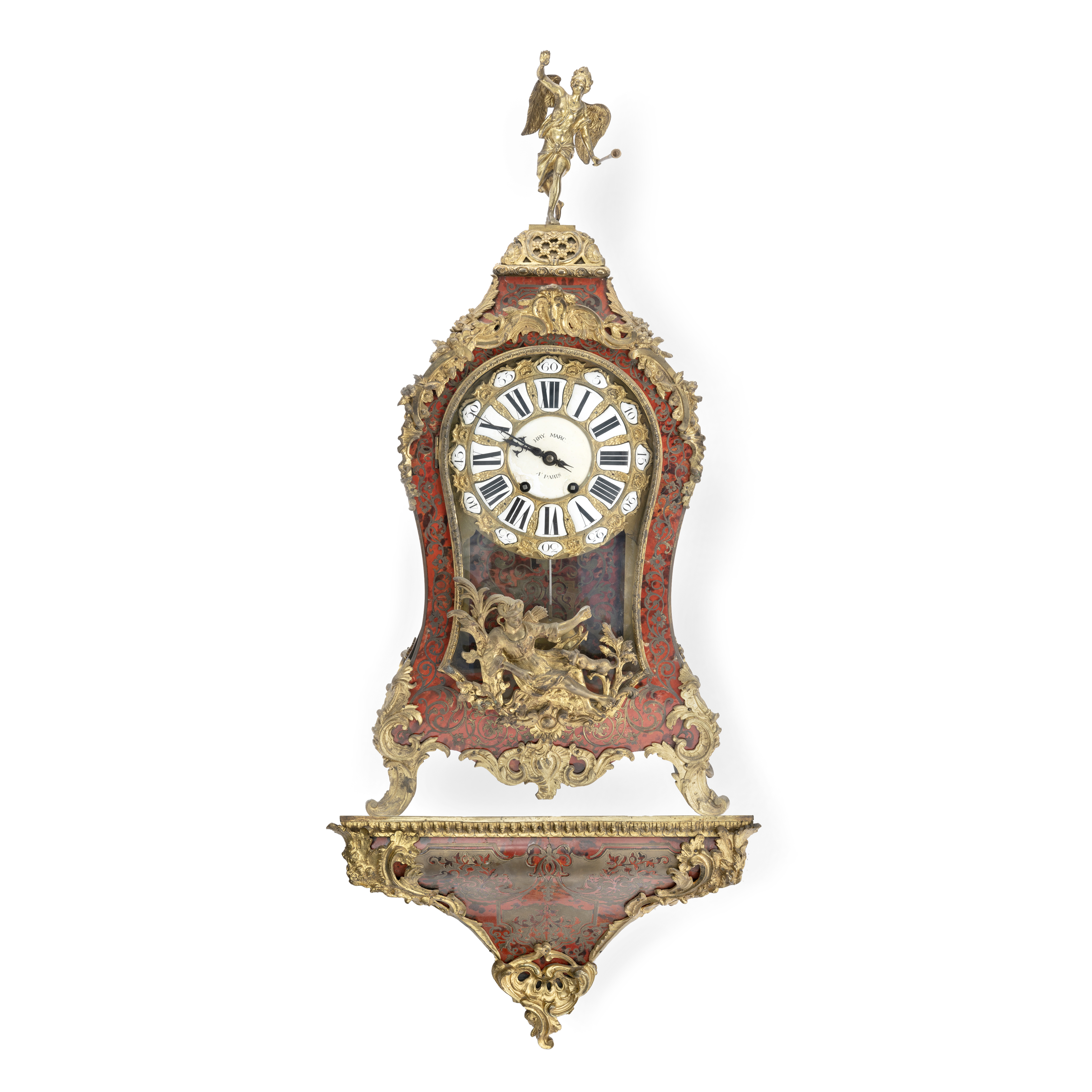 A late 19th century French gilt bronze mounted and red stained 'boulle' marquetry bracket clock ...