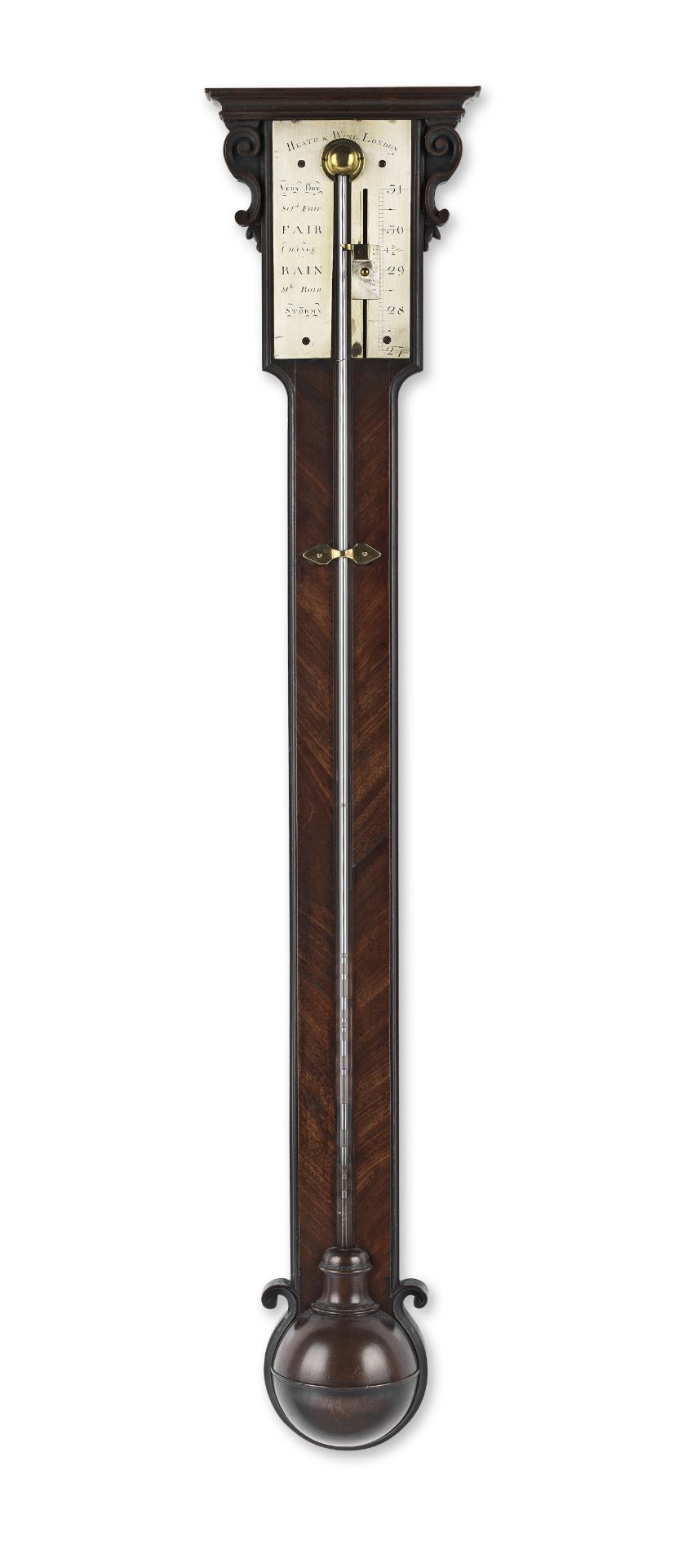 A rare mid 18th century mahogany stick barometer signed Heath & Wing, London