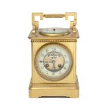 A 20th century French travelling mantel clock with aneroid barometer to the top the movement num...