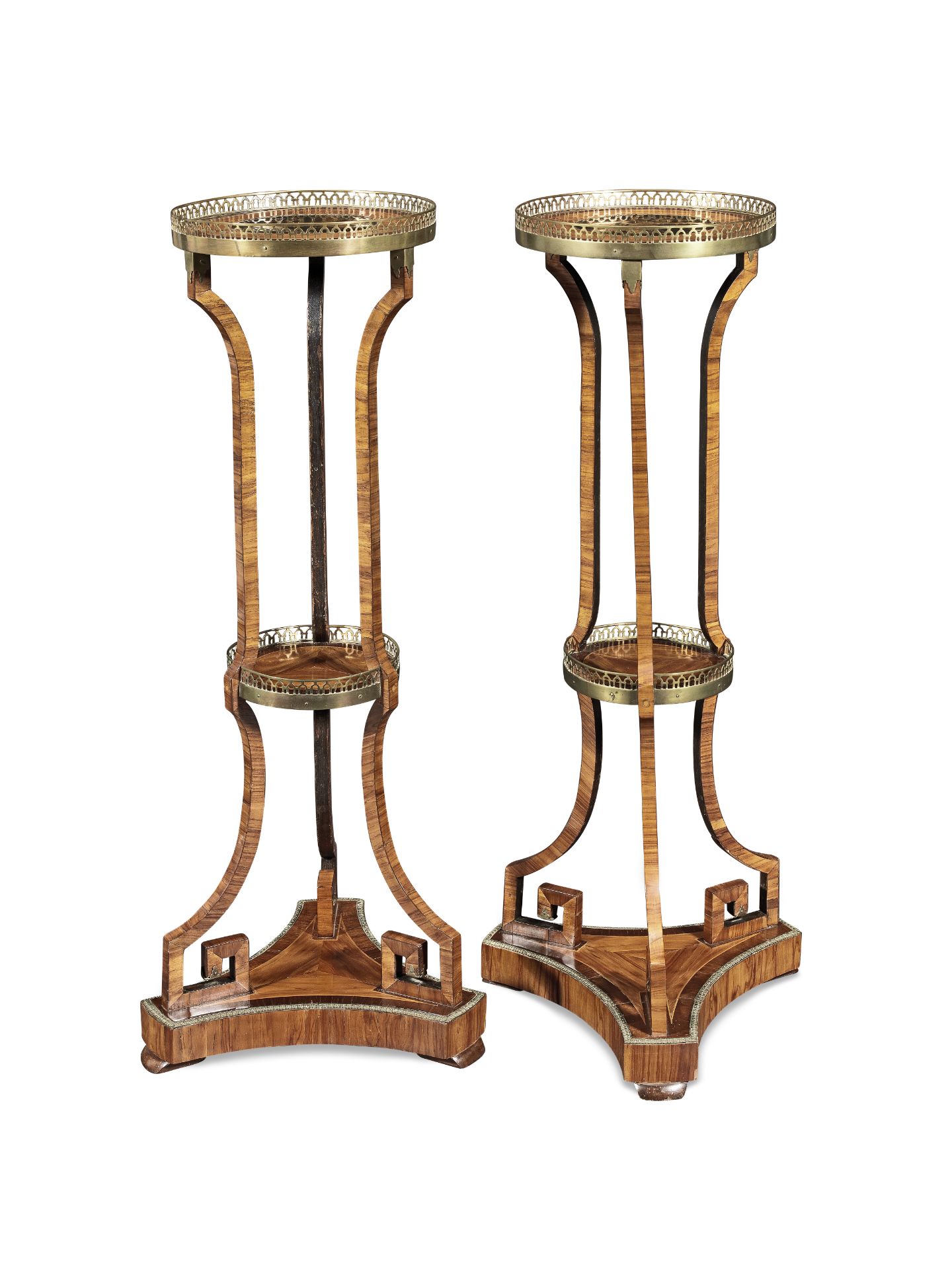 A pair of Louis XVI tulipwood, rosewood and Japanese lacquer inset two-tier gueridons or torcher...