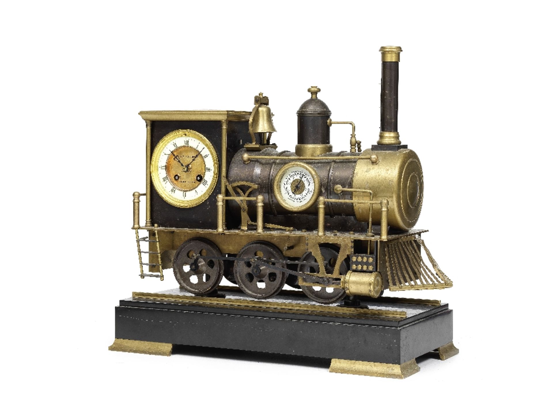 A modern lacquered and patinated brass copy of a locomotive automata clock