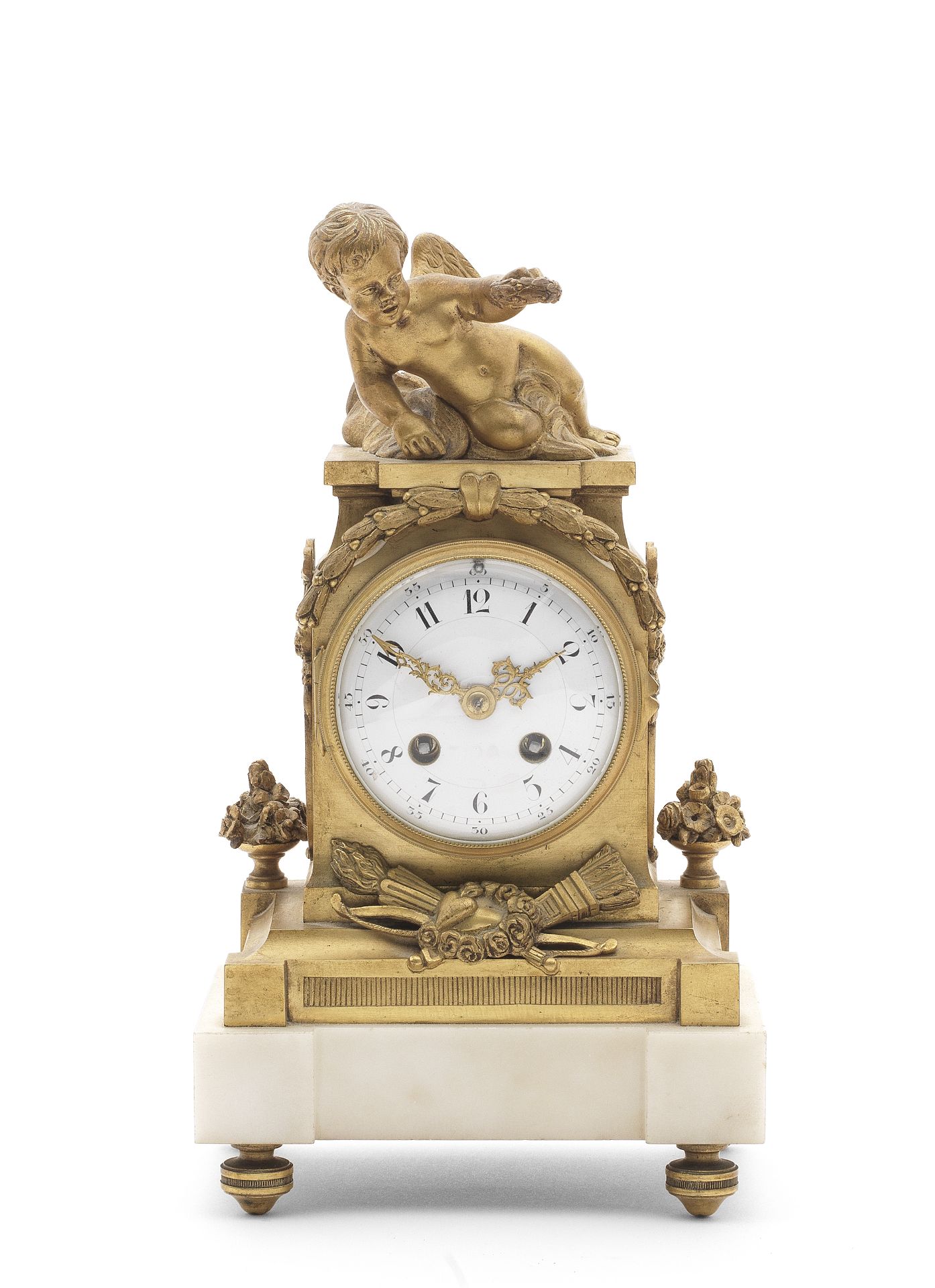 A late 19th century French gilt bronze and marble figural boudoir clock in the Louis XVI style, ...