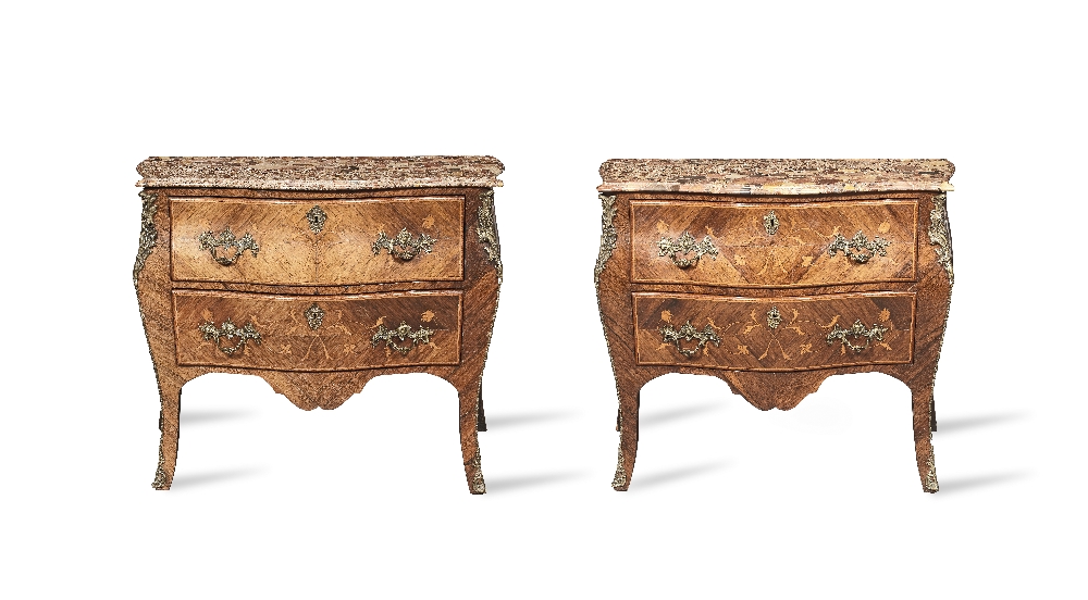 A pair of late 19th/early 20th century gilt brass mounted rosewood and marquetry bombe serpentin...