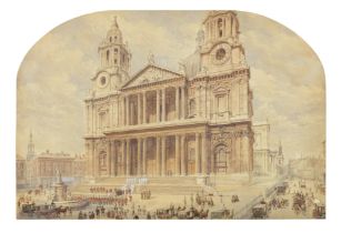 English School, 19th century St. Paul's Cathedral 33.4 x 49.5cm (13 1/8 x 19 1/2in) with arched top