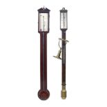 A George III mahogany and boxwood strung stick barometer and a mid 19th century rosewood and bra...