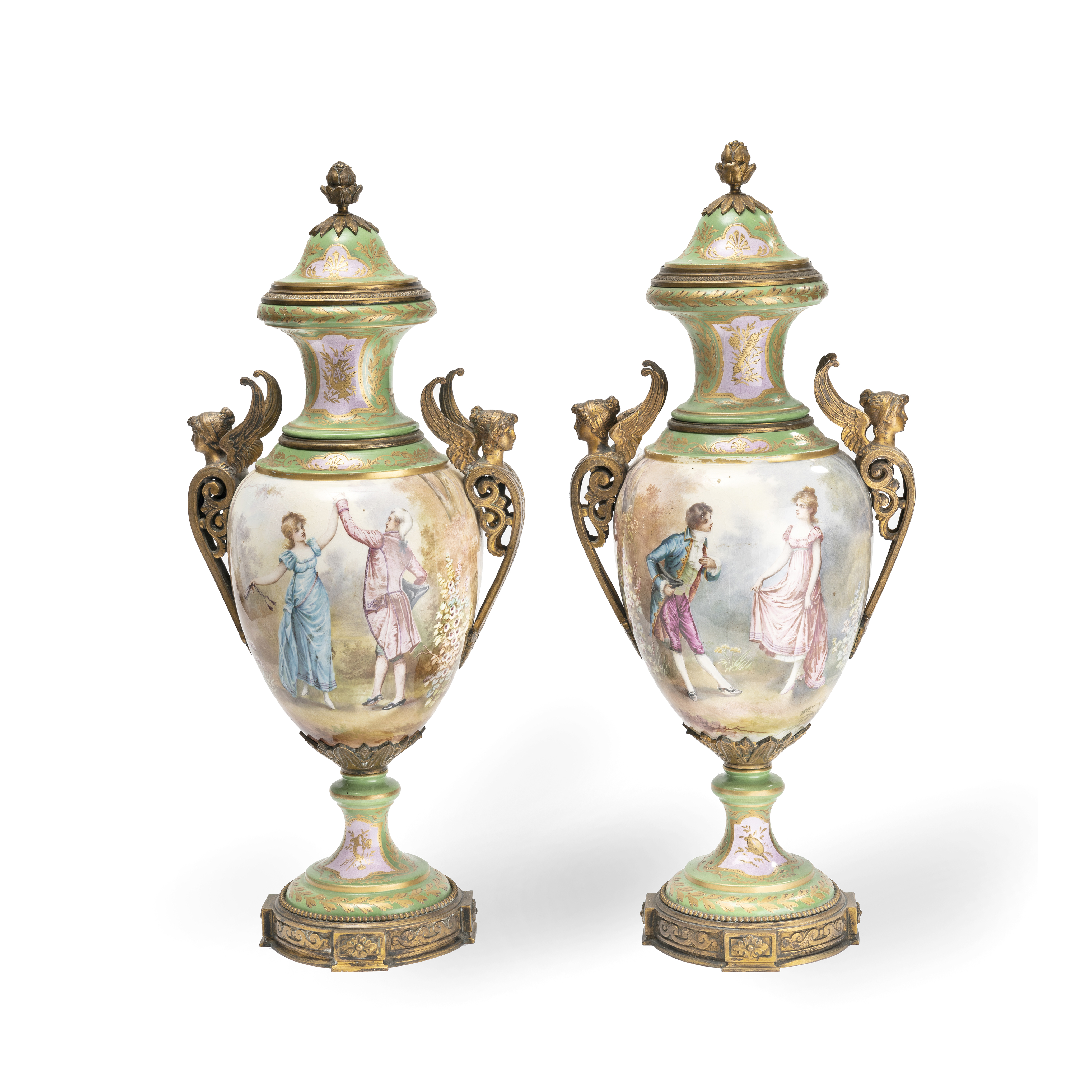 A pair of late 19th / early 20th century French gilt bronze mounted porcelain garniture vases an...