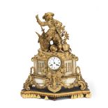 A late 19th century French gilt bronze and white marble figural clock (2)