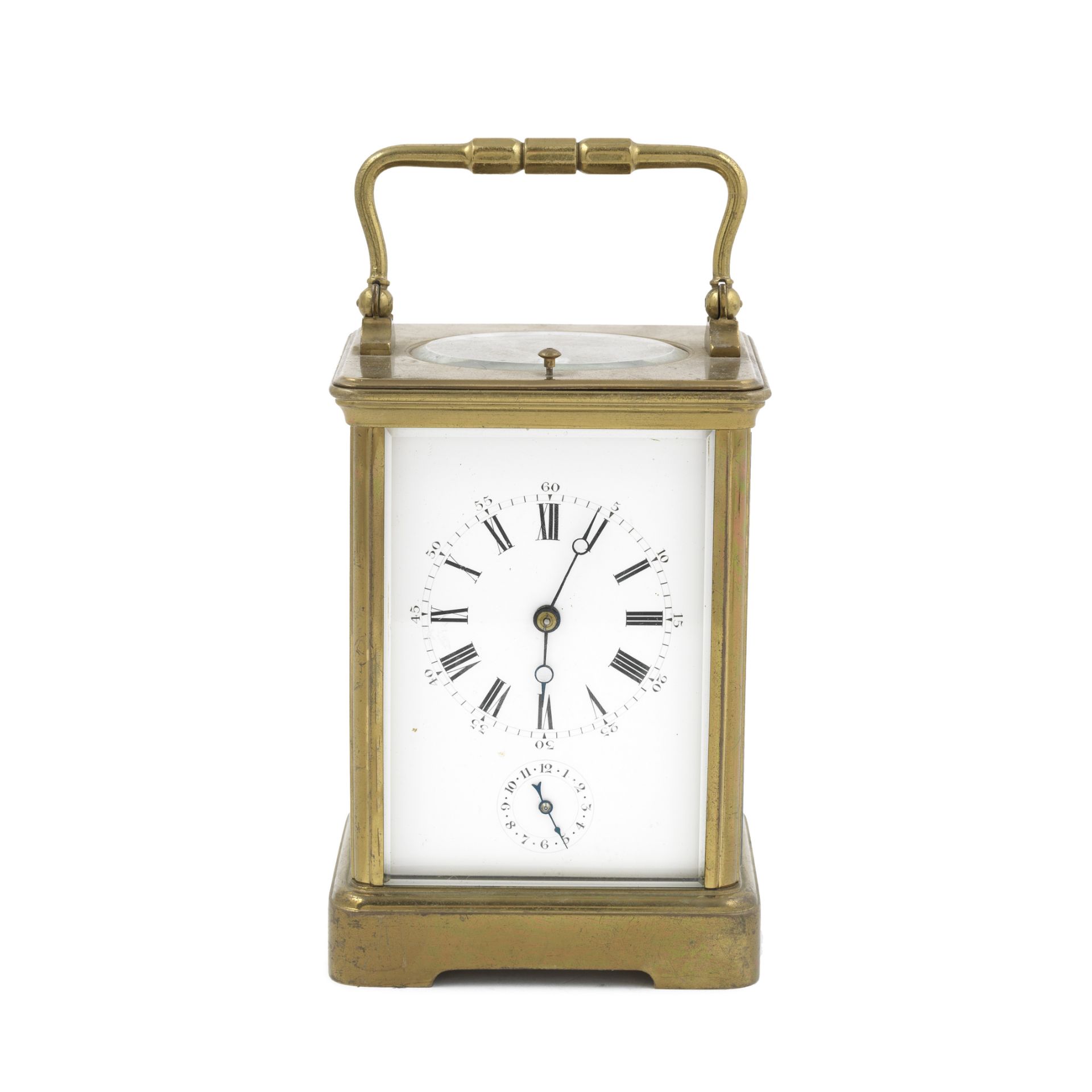 A late 19th/early 20th century brass carriage clock with repeat and alarm the backplate signed F...