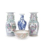 A pair of Canton famille rose porcelain vases, a Chinese blue and white porcelain vase and Chine...