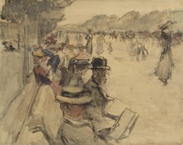 Isaac Israels (Dutch, 1865-1934) Figures reading and strolling in the Bois de Boulogne, Paris