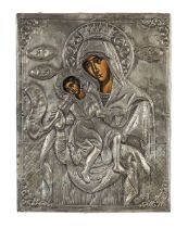 Two icons of the Madonna and Child 20th century One with white metal repouss&#233; decoration an...