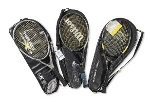 A selection of three modern tennis rackets belonging to Sir Roger Moore