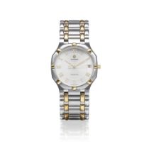 Concord. A stainless steel and gold quartz calendar bracelet watch with presentation inscription...