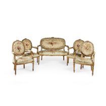 Mobilier de salon, quatre fauteuils et un canap&#233;. Style Louis XVI, seconde partie du XIXe s...