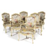 Suite de six fauteuils en bois peint blanc et dor&#233;. Style Louis XV