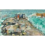 George Leslie Hunter (British, 1877-1931) Figures on the Jetty, Lower Largo Harbour Painted circ...