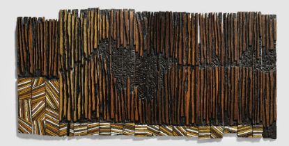 El Anatsui (Ghanaian, born 1944) Spirits, 1996, carved and incised wood, 96 x 196 cm, in 20 pieces