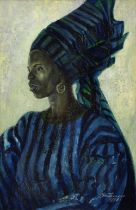 Benedict Chukwukadibia Enwonwu M.B.E (Nigerian, 1917-1994) Yoruba Woman in Blue, oil