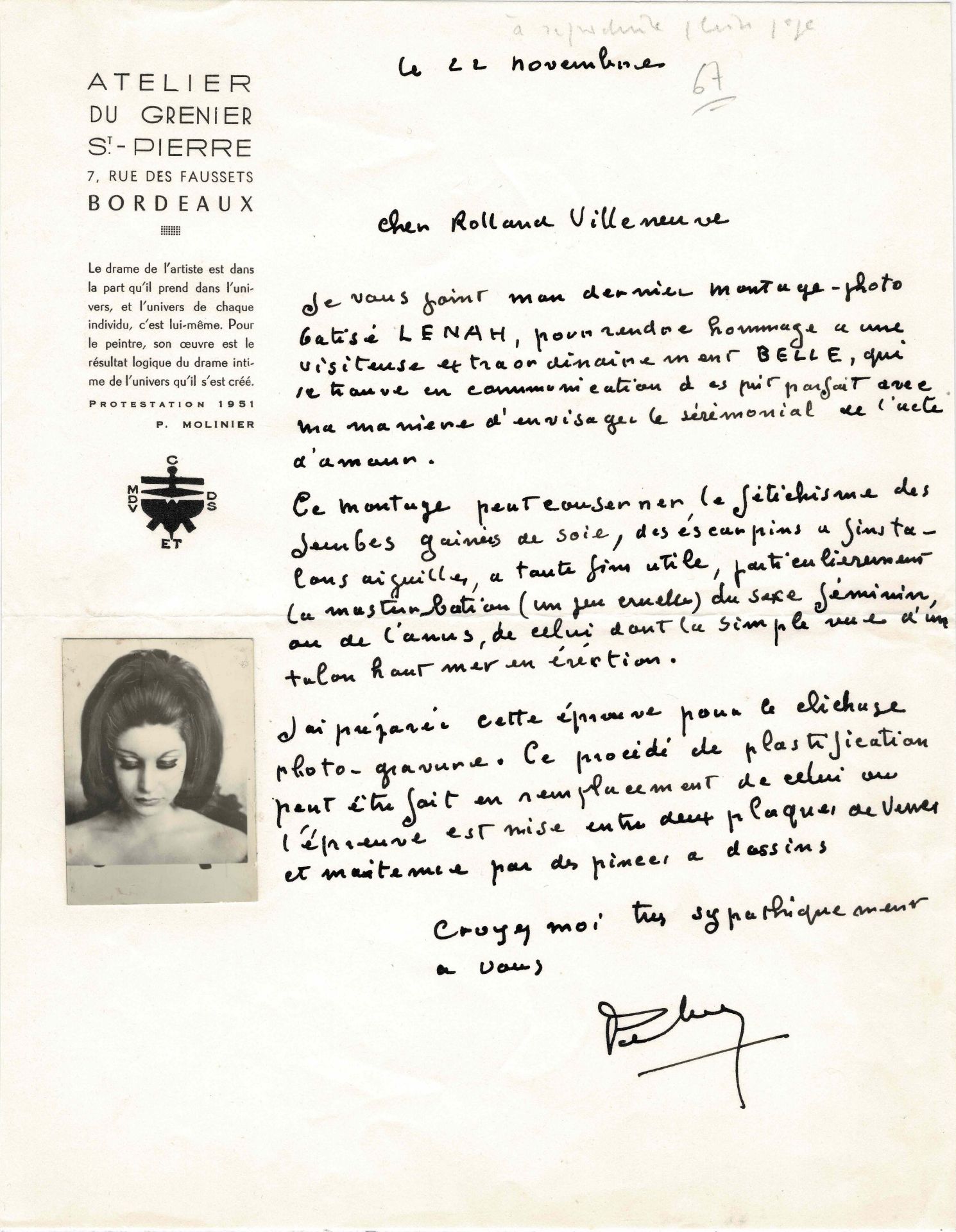 Pierre Molinier (1900-1976) Lettres de Pierre Molinier &#224; Roland Villeneuve retra&#231;ant l...