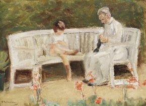 MAX LIEBERMANN (1847-1935) Enkelin und Kinderfrau auf der Gartenbank (Painted in 1923)