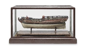 A Scale Model of a Dockyard Yacht, mid-18th century, case 16in x 27in x 10 1/2in (41cm x 69cm x...