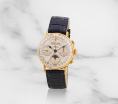 Guinand. An 18K gold manual wind triple calendar chronograph wristwatch with moon phase Guinand....