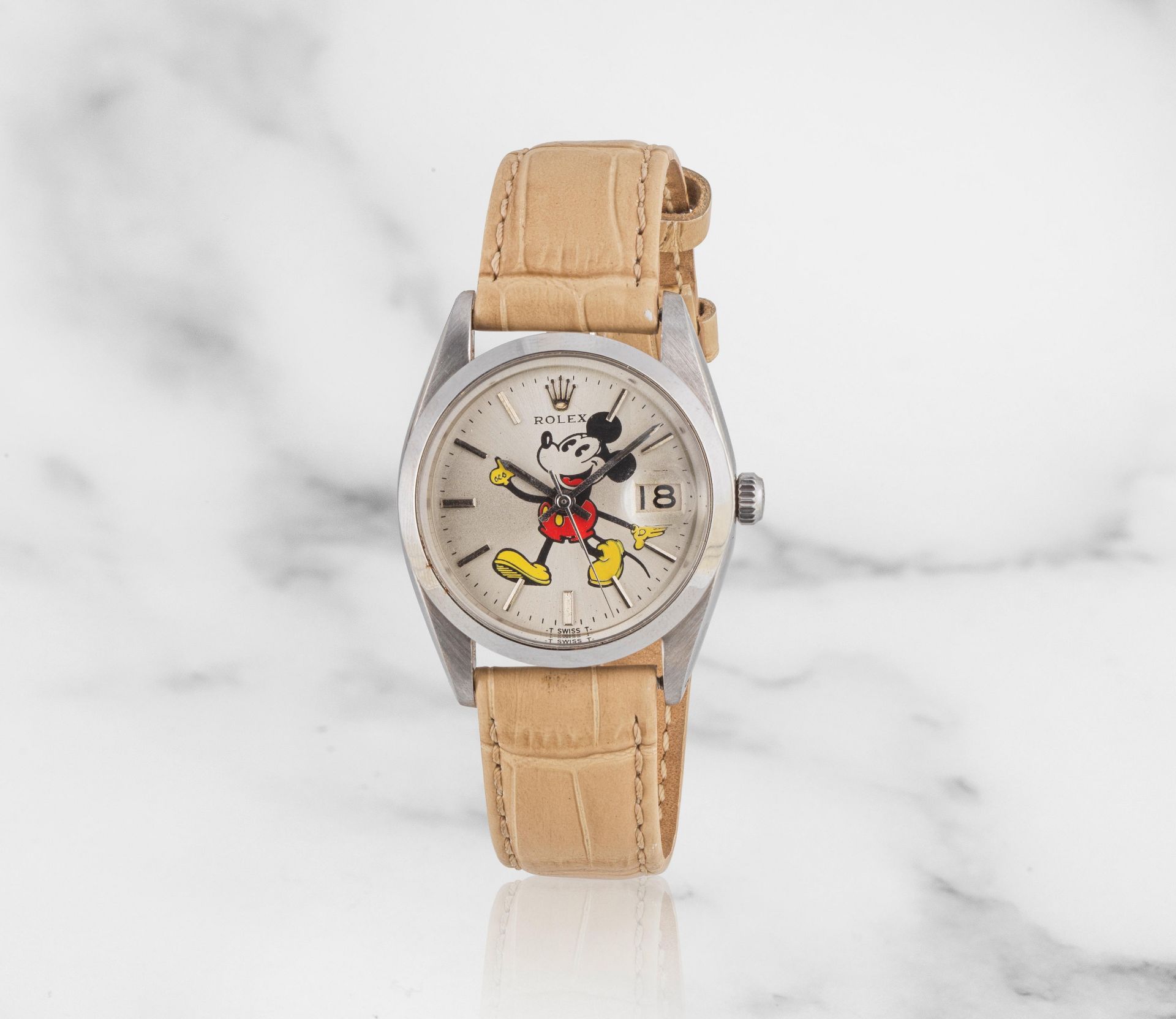 Rolex. A stainless steel manual wind calendar wristwatch with customised dial featuring Mickey M...