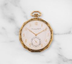 International Watch Company. A fine 18K gold keyless wind open face art deco pocket watch Intern...