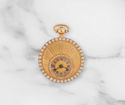 Fr&#232;res Melly. An 18K gold key wind full hunter pearl set pocket watch Fr&#232;res Melly. Mo...