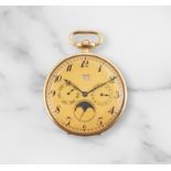 L.Leroy & Cie. An 18K gold keyless wind open face pocket watch with triple calendar and moon pha...