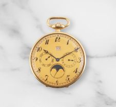 L.Leroy & Cie. An 18K gold keyless wind open face pocket watch with triple calendar and moon pha...